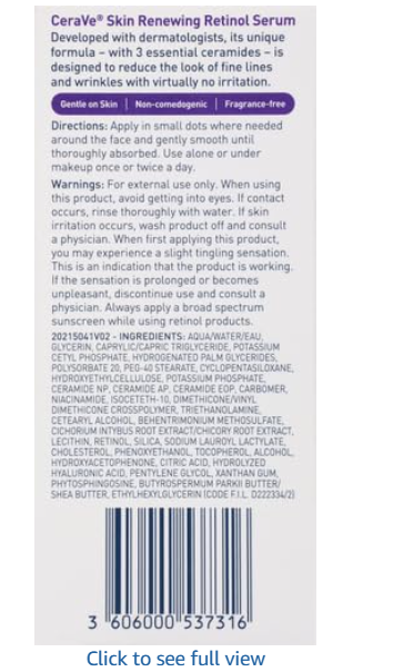 CeraVe Anti Aging Retinol Serum For Face, Encapsulated Retinol With Hyaluronic Acid, Niacinamide & Ceramides, Smooths Wrinkles & Fine Lines, Gentle Skin Brightening Serum, Fragrance Free, 1 Oz